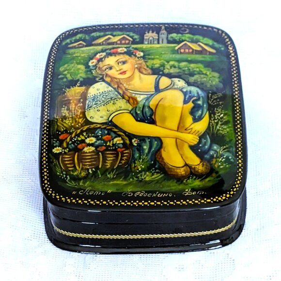 Vintage Russian USSR Signed Fedoskino Summer Lacquer Jewelry Trinket Box 5.5"x4" - Picture 3 of 12